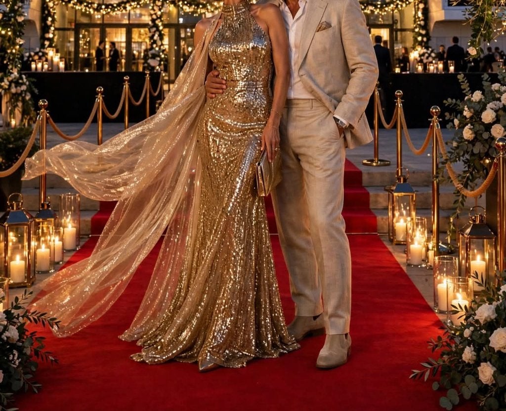 Robe de soirée à paillettes dorées à couper le souffle, Neuf, Robe de gala, Taille 38/40 (M), Enlèvement ou Envoi