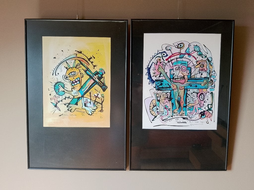 Duo "Hans Scheire"-pop art-1994-gouache op papier, Antiquités & Art, Art | Peinture | Moderne, Gouache, Papier/carton, Sous verre
