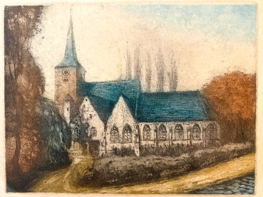 ZELDZAME ETS XIX — KERK VAN SAINT-DENIS DE FOREST GESIGNEERD, Ophalen of Verzenden