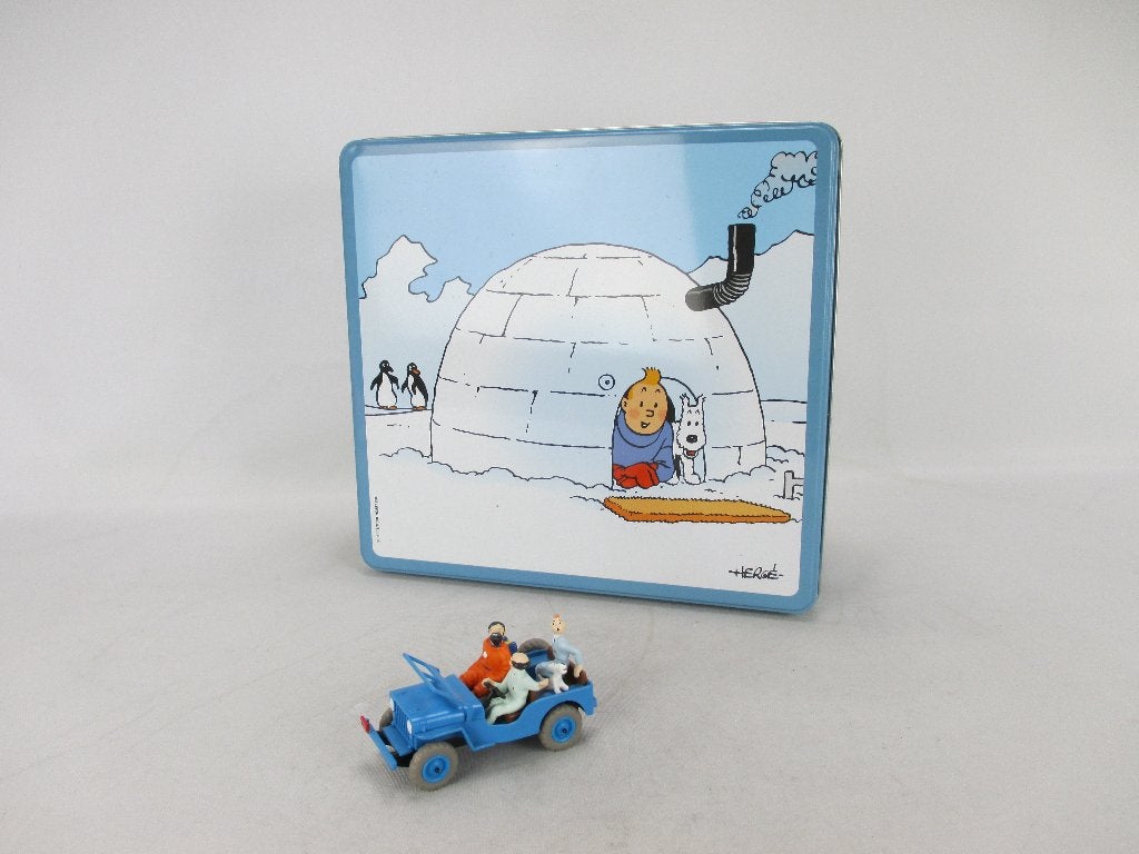 Kuifje in de auto + koekjesdoos, Collections, Personnages de BD, Comme neuf, Statue ou Figurine, Tintin, Enlèvement ou Envoi