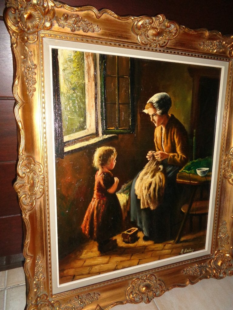 *Belle peinture ancienne (XIXe siècle) avec très beau cadre, Enlèvement ou Envoi, Cadre spécial, Toile