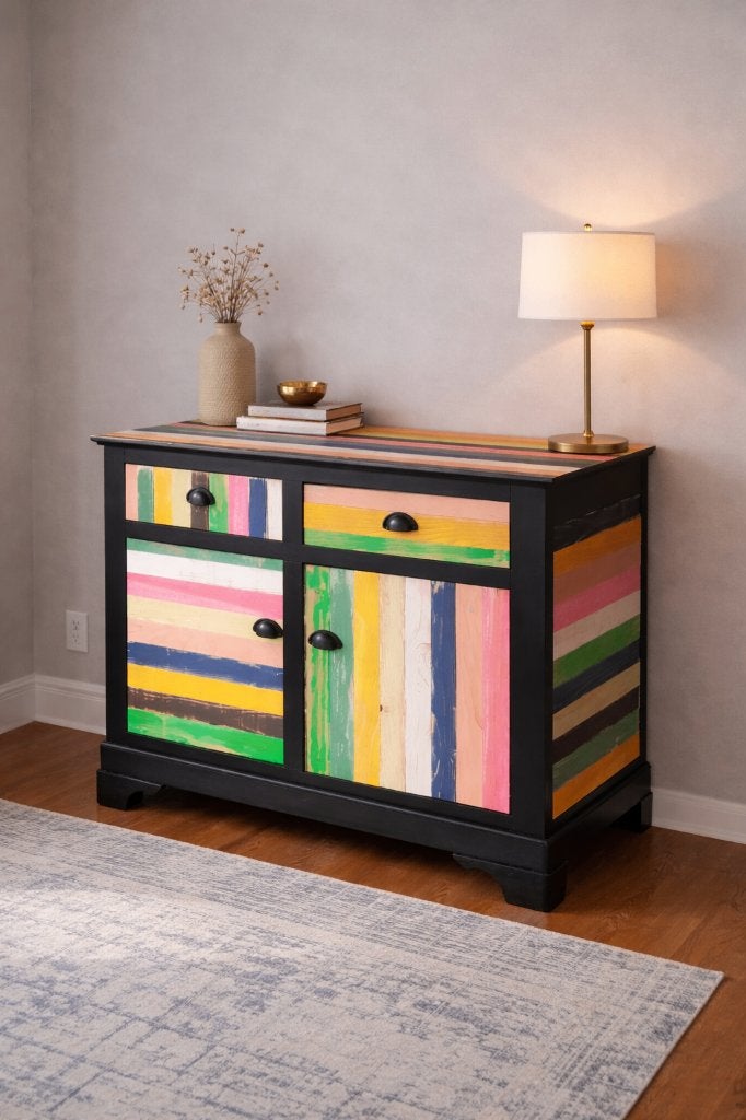 Gerenoveerd artistiek dressoir — kleurrijk uniek stuk, Huis en Inrichting, Kasten | Wandmeubels, Ophalen, Zo goed als nieuw, Minder dan 150 cm