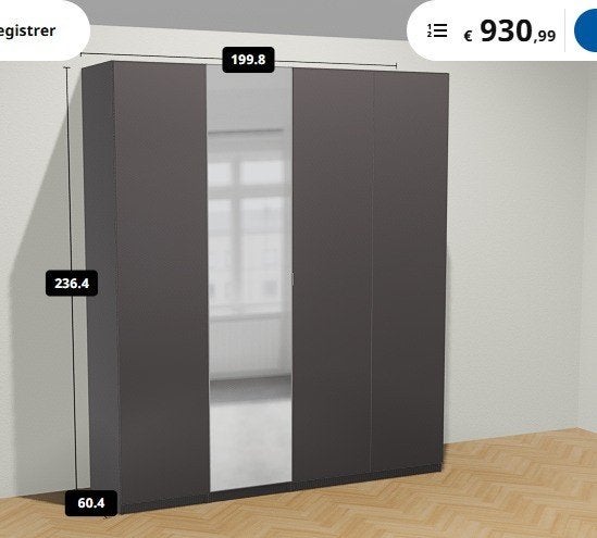Dressing Pax Ikea 200x58x236cm noir 4 portes miroir, Enlèvement