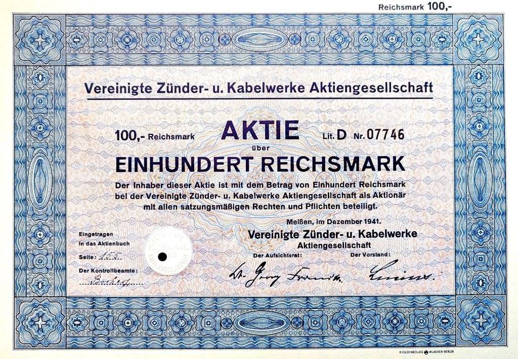 WO2 aandeel Vereinigte Zünder- und Kabelwerke AG 1941, Postzegels en Munten, Aandelen en Waardepapieren, Ophalen of Verzenden