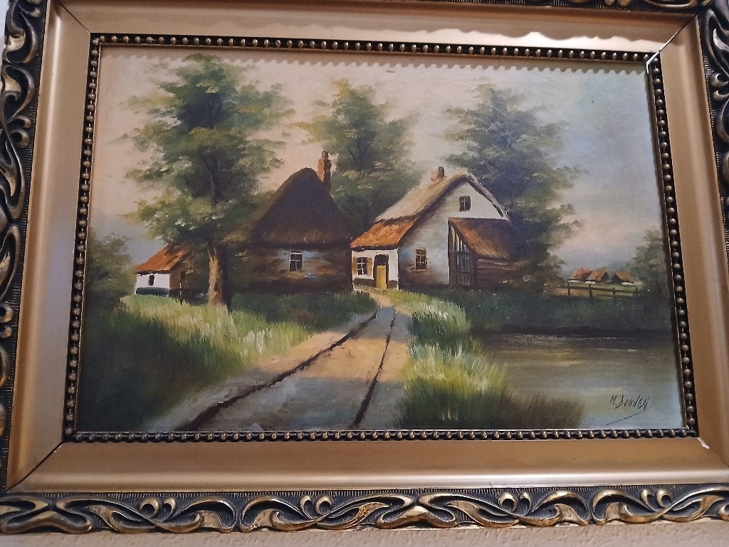 Tableau M. DOUVEN paysage et maisons aux toits de chaume, Antiquités & Art, Peinture à l'huile, Paysage, Enlèvement, Signé