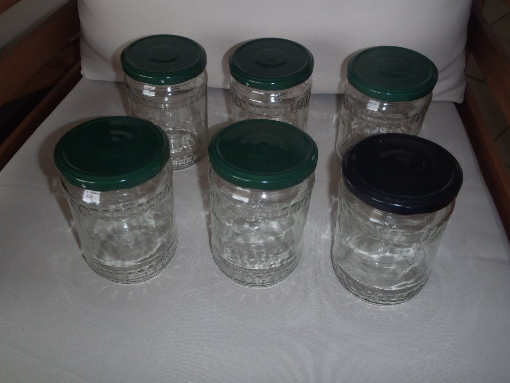 1 set van 6 glazen potten, Ophalen of Verzenden, Zo goed als nieuw, Glas, Kom(men)