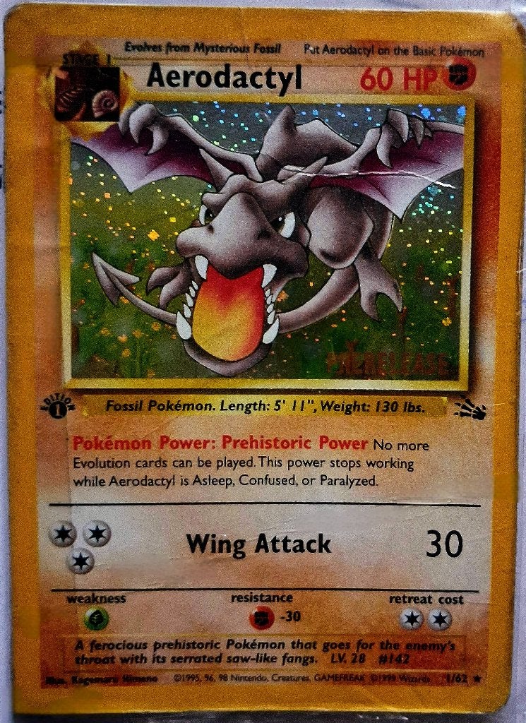 Rare Aerodactyl 1st Ed. Prerelease Holo Fossil 1/62 – 1995, Hobby & Loisirs créatifs, Enlèvement ou Envoi, Utilisé, Autres types