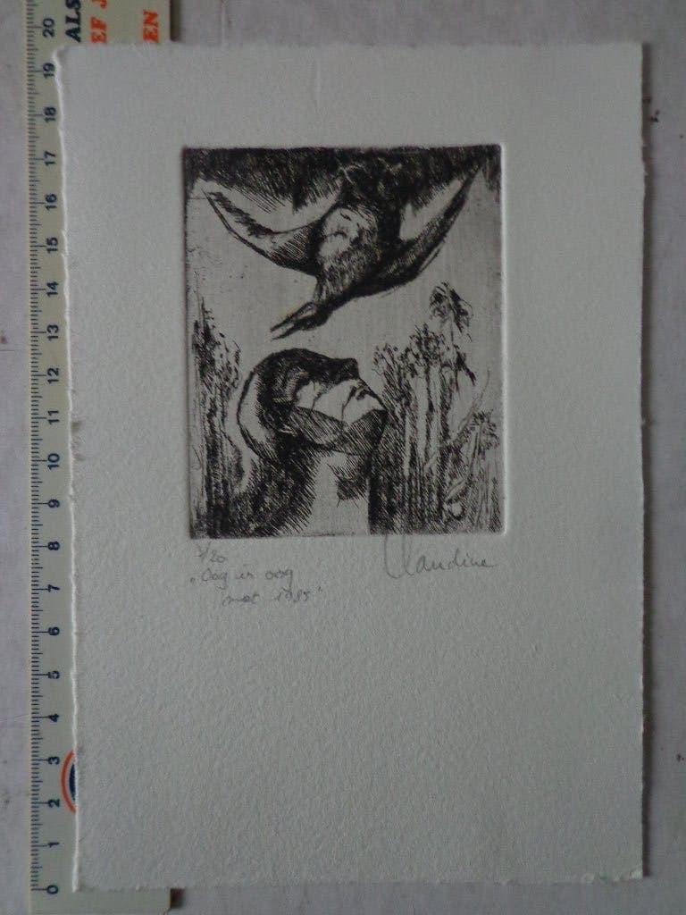 ets van Claudine "Oog in oog met 1985" kleine oplage, Ophalen of Verzenden, Ets, Genummerd, 1950 - 1999