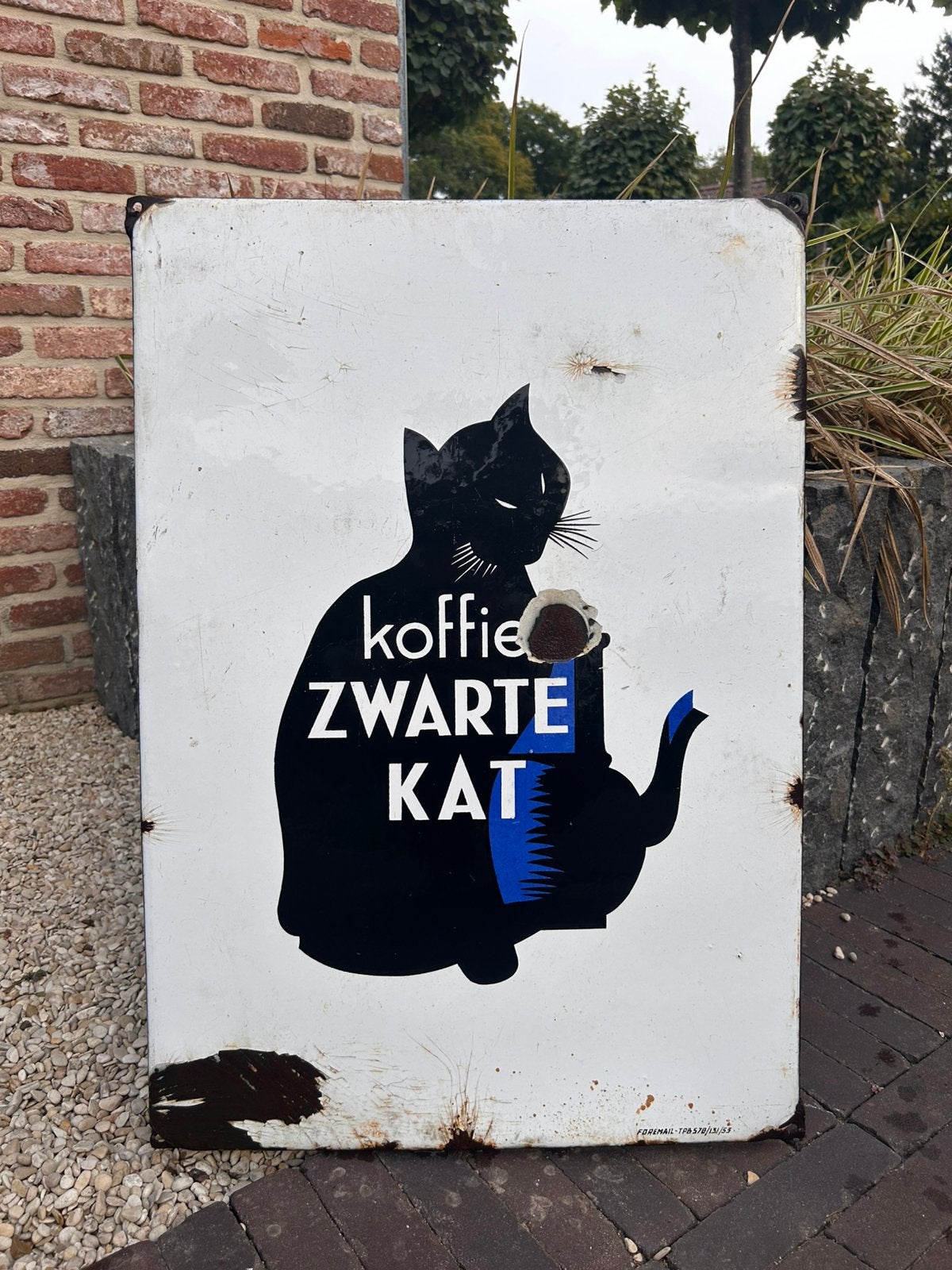 Koffie zwarte kat emaille bord, Ophalen, Gebruikt, Reclamebord