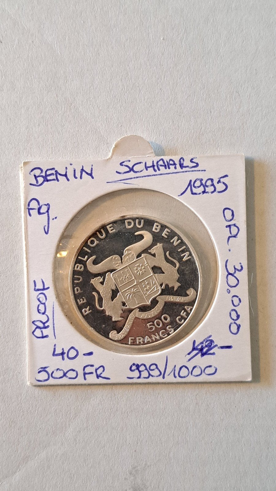 benin 500 fr 1995 AG (999/1000) opl 30.000, Postzegels en Munten, Munten | Afrika, Ophalen of Verzenden