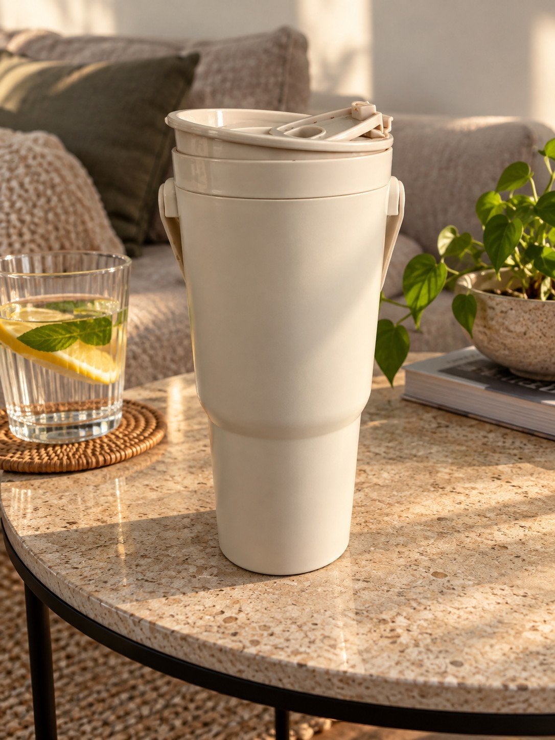Trendy Beige Drinkbeker met Deksel & Draaghandvat !, Huis en Inrichting, Ophalen of Verzenden, Zo goed als nieuw, Met deksel