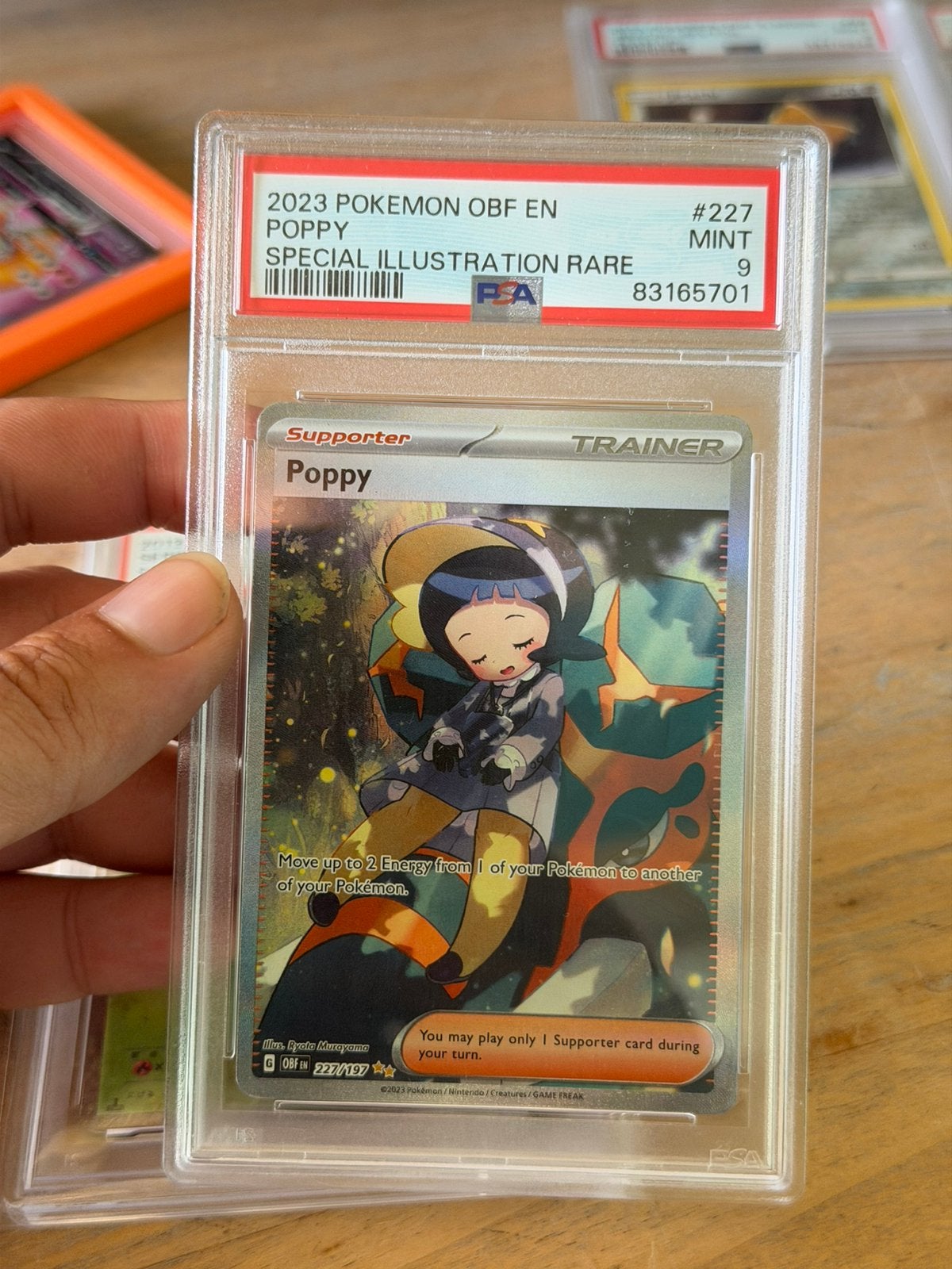 PSA 9 Poppy Special Illustration Rare 227 Obsidian Flames, Ophalen of Verzenden, Zo goed als nieuw, Losse kaart, Foil