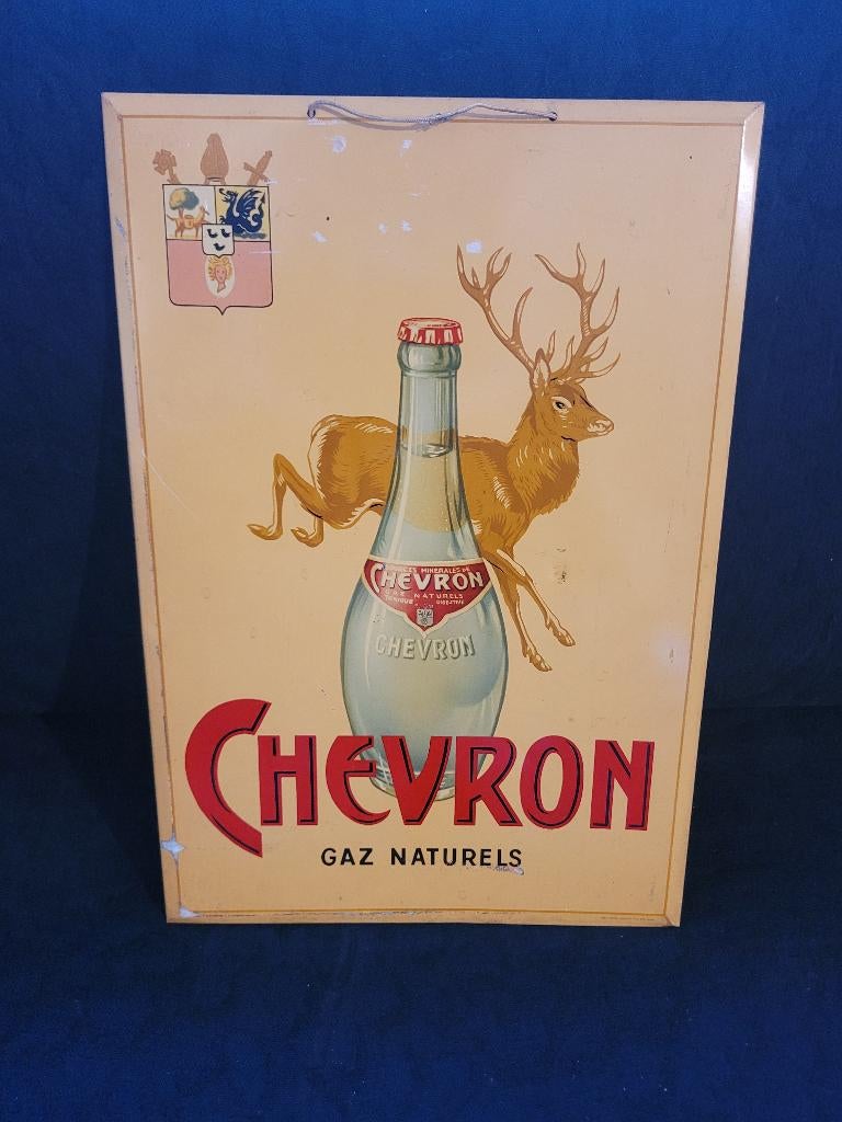 ancienne publicité chevron 1957 métal, Collections, Enlèvement ou Envoi, Utilisé, Panneau publicitaire