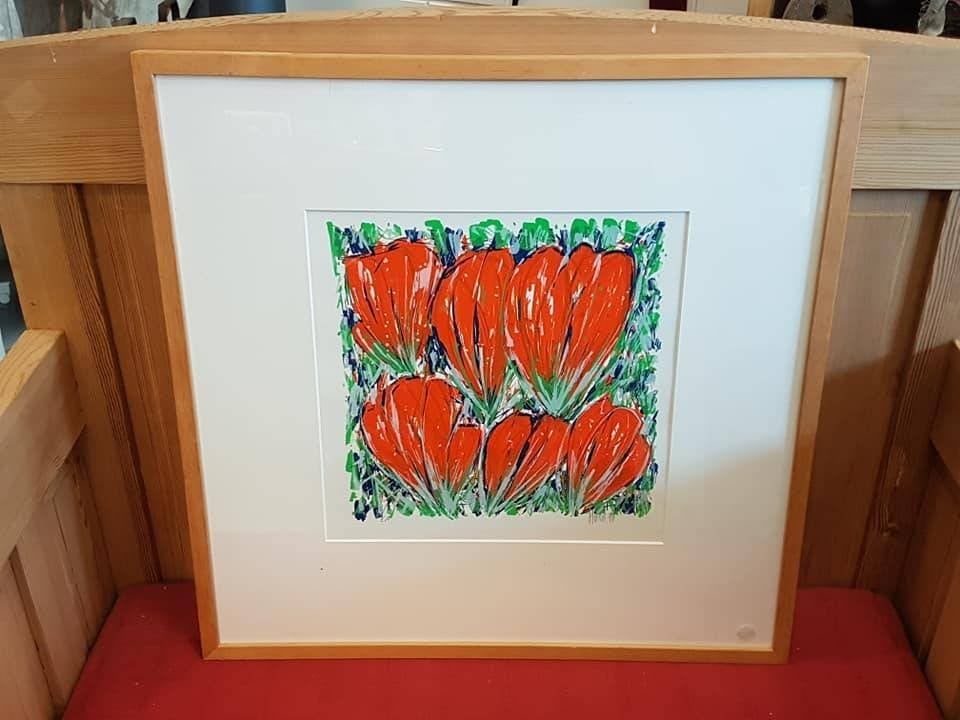 Zeefdruk oranje tulpen, handgesigneerd door Ad van Hassel., Antiquités & Art, Signé, Sérigraphie, Animaux et nature, Enlèvement