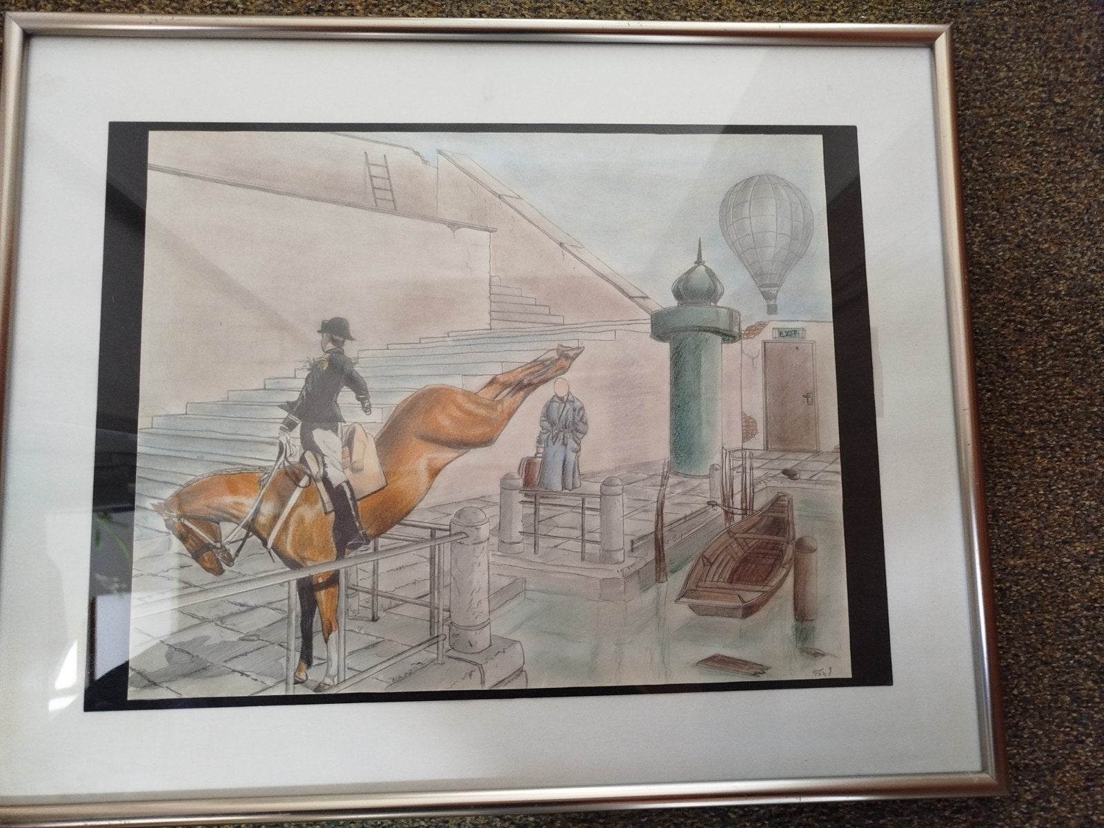 Dessin aquarelle et crayon scène équestre avec cavalier, Antiquités & Art, Enlèvement ou Envoi, Dessin, Aquarelle, Encadré