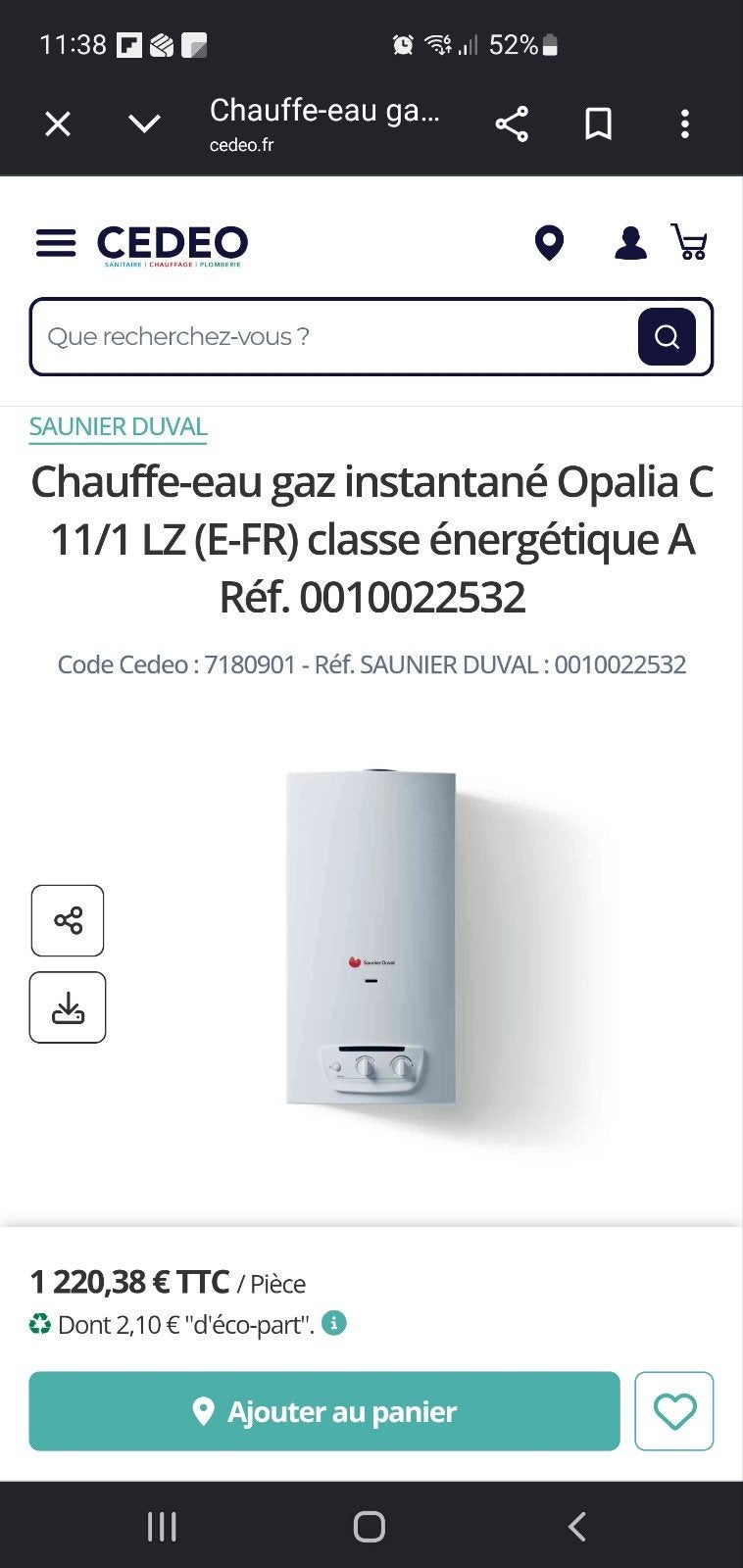 chauffe bain saunier duval neuf, Enlèvement