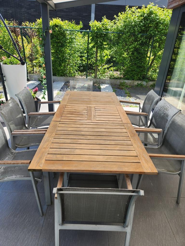 Teak tuinset  ijzeren frame tafel kan uitschuiven ,8 stoel, Tuin en Terras, Ophalen, Stoel, Tuinset