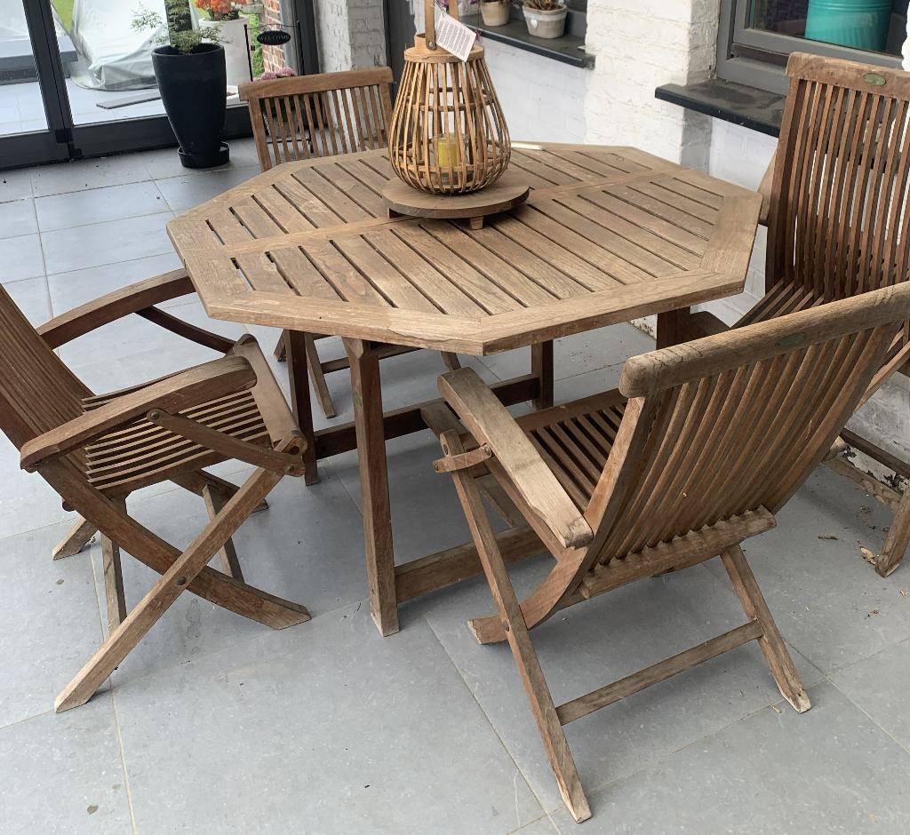 tuintafel in teak 6 personen + stoelen, Tuin en Terras, Ophalen, Gebruikt, 6 zitplaatsen, Teakhout