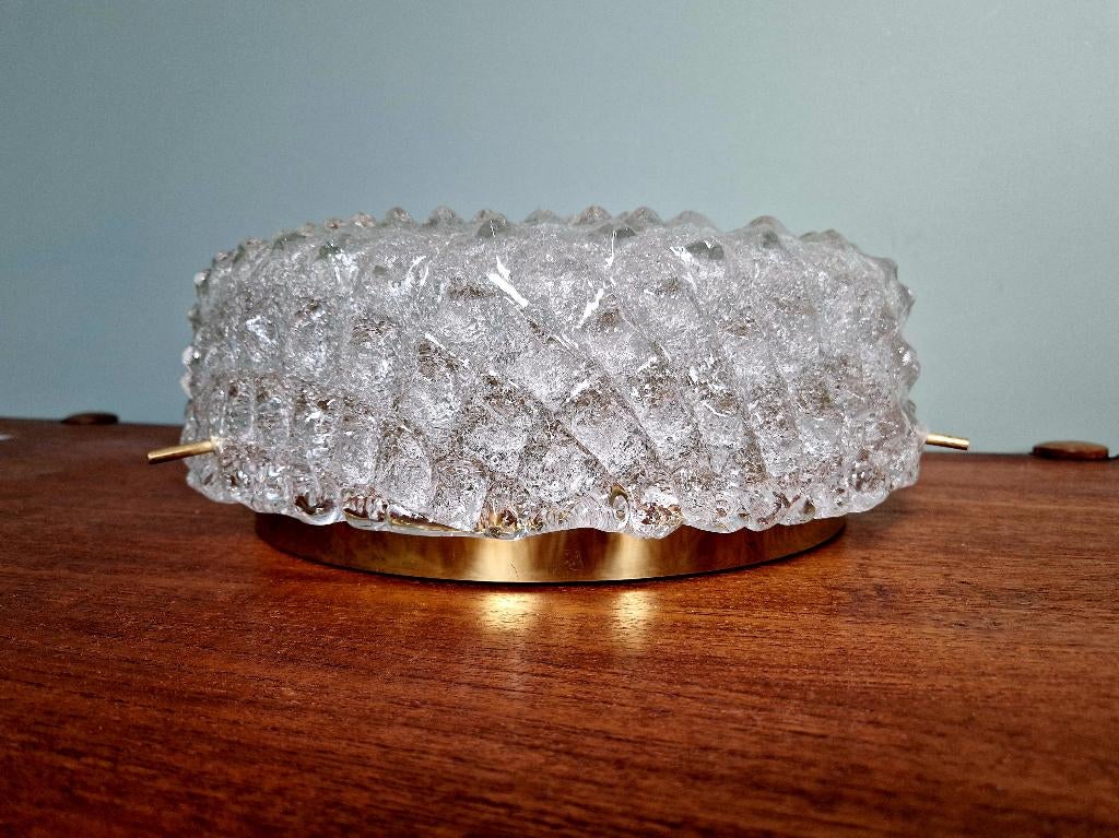 Grand plafonnier en laiton et verre givré, Hillebrand, 1970, Enlèvement ou Envoi