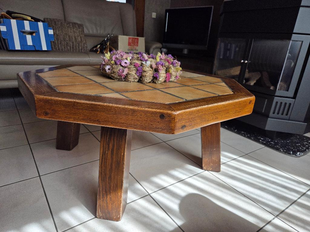 Zeshoekig salontafel met ingelegde tegels, Huis en Inrichting, Tafels | Salontafels, Gebruikt, 50 tot 100 cm, 50 tot 100 cm, Overige vormen