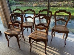 Set van 6 houten vintage stoelen met rieten zitting, Ophalen