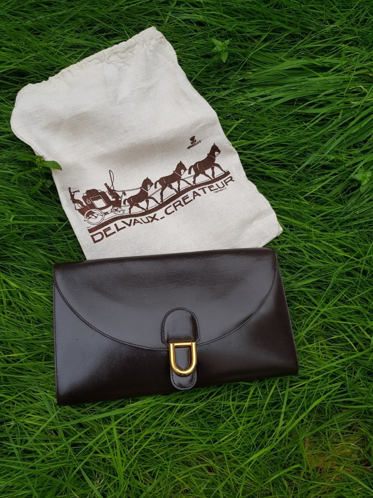 Vintage Delvaux "Gué" clutch tas in donkerbruin leer, met al, Ophalen of Verzenden
