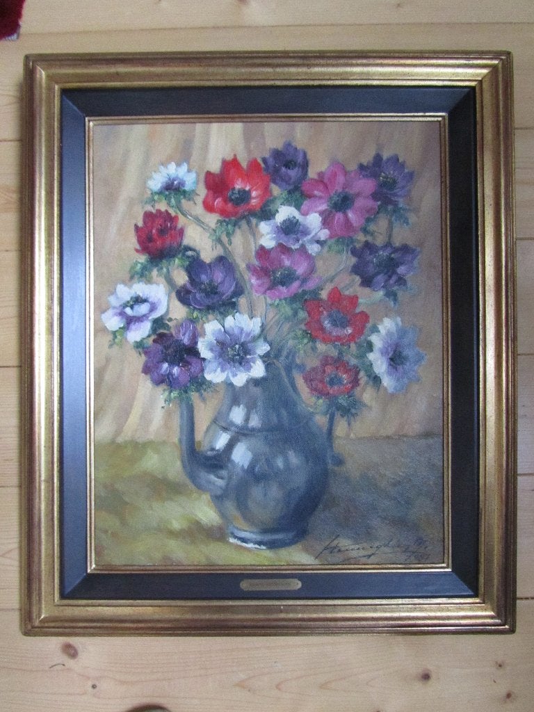 Marcel Hennegrien -  Anemonen, Antiek en Kunst, Bloemen, Doek, Ophalen of Verzenden, Olieverf