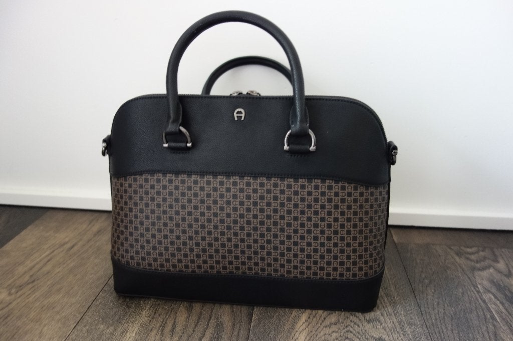 Sac toile enduite et cuir noir/brun "AIGNER", Envoi, Neuf, Noir