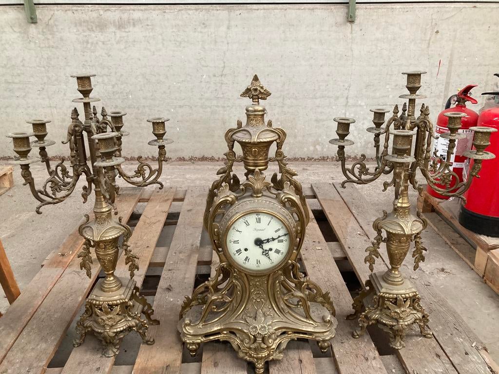 Schouwklok met 2 kandelaars in Louis XV stijl, Antiek en Kunst, Antiek | Klokken, Ophalen
