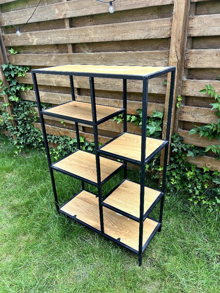 open vakkenkast zwart metaal en eiken - industrieel stijl, Huis en Inrichting, Kasten | Boekenkasten, Ophalen, Met plank(en), 100 tot 150 cm