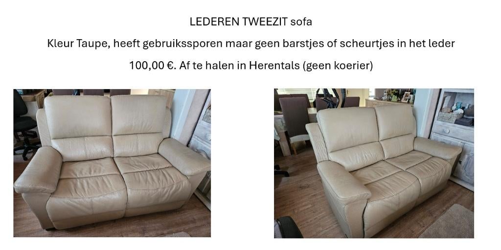 Lederen tweezit sofa kleur Taupe, Ophalen, Gebruikt, Leer