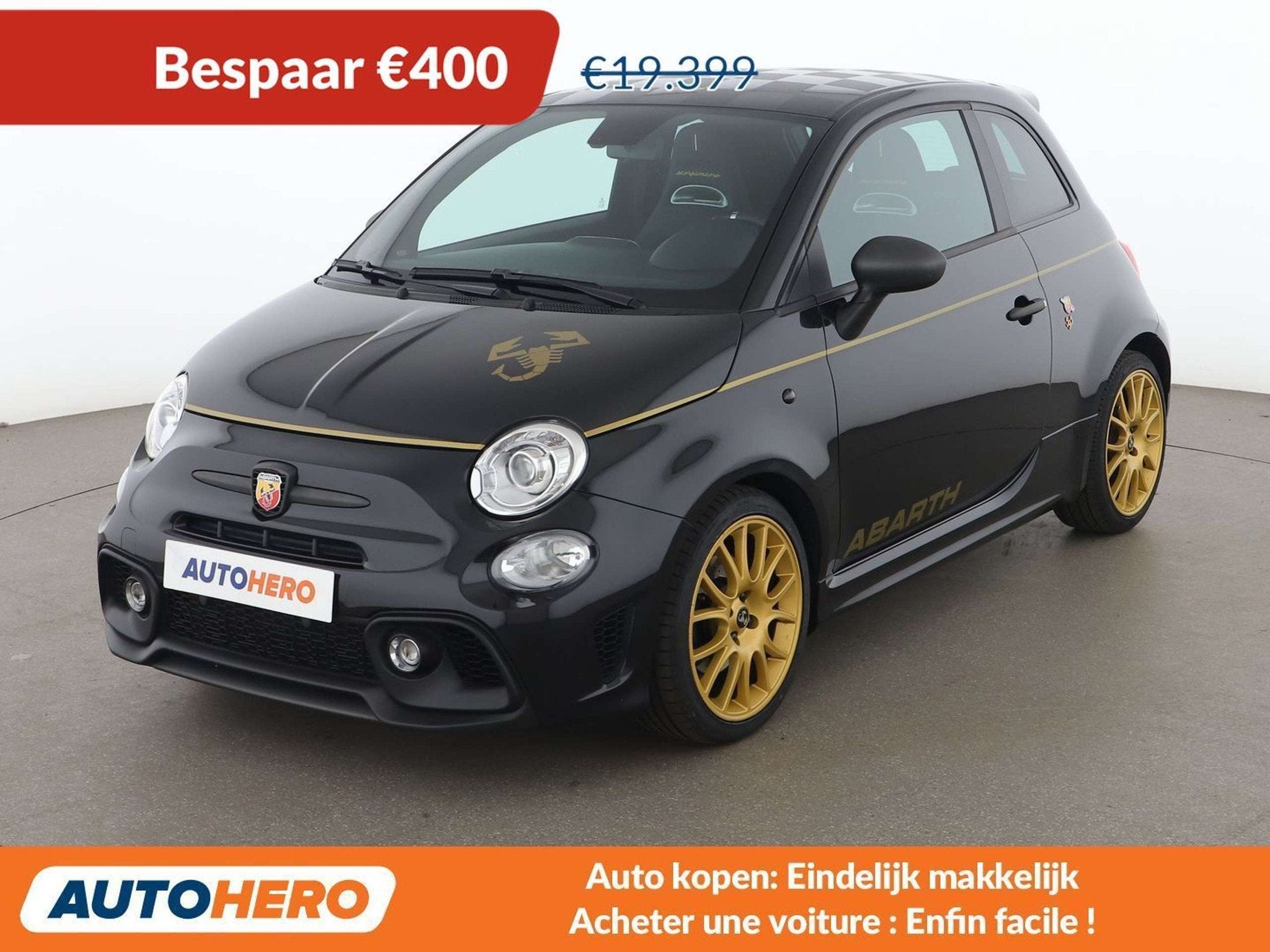 Abarth 595 1.4 Turbo Scorpioneoro (bj 2021), Auto's, Voorwielaandrijving, 4 zetels, Zwart, Handgeschakeld
