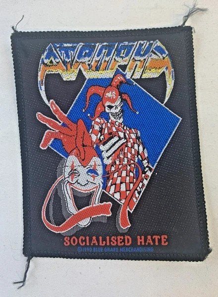 Patch Atrophy Socialized Hate 1990 Blue Grape vintage en mét, Rock, Autres formats, Comme neuf, Autres types