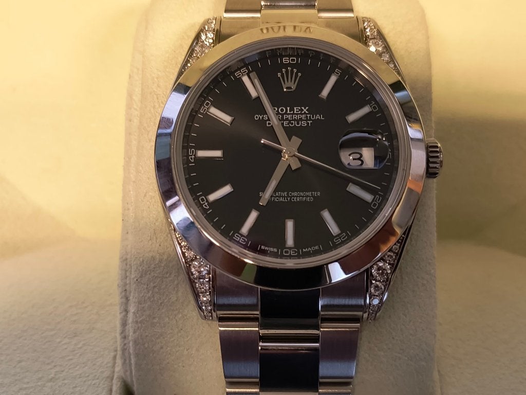 Rolex Datejust 41mm black diamond lugs + box, Handtassen en Accessoires, Staal, Verzenden, Polshorloge, Zo goed als nieuw