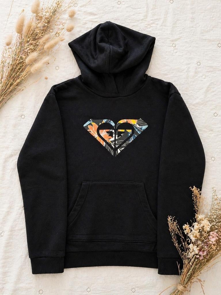 Zwarte Roxy hoodie met print  maat M (10 jaar), Kinderen en Baby's, Kinderkleding | Maat 146, Zo goed als nieuw, Meisje, Trui of Vest