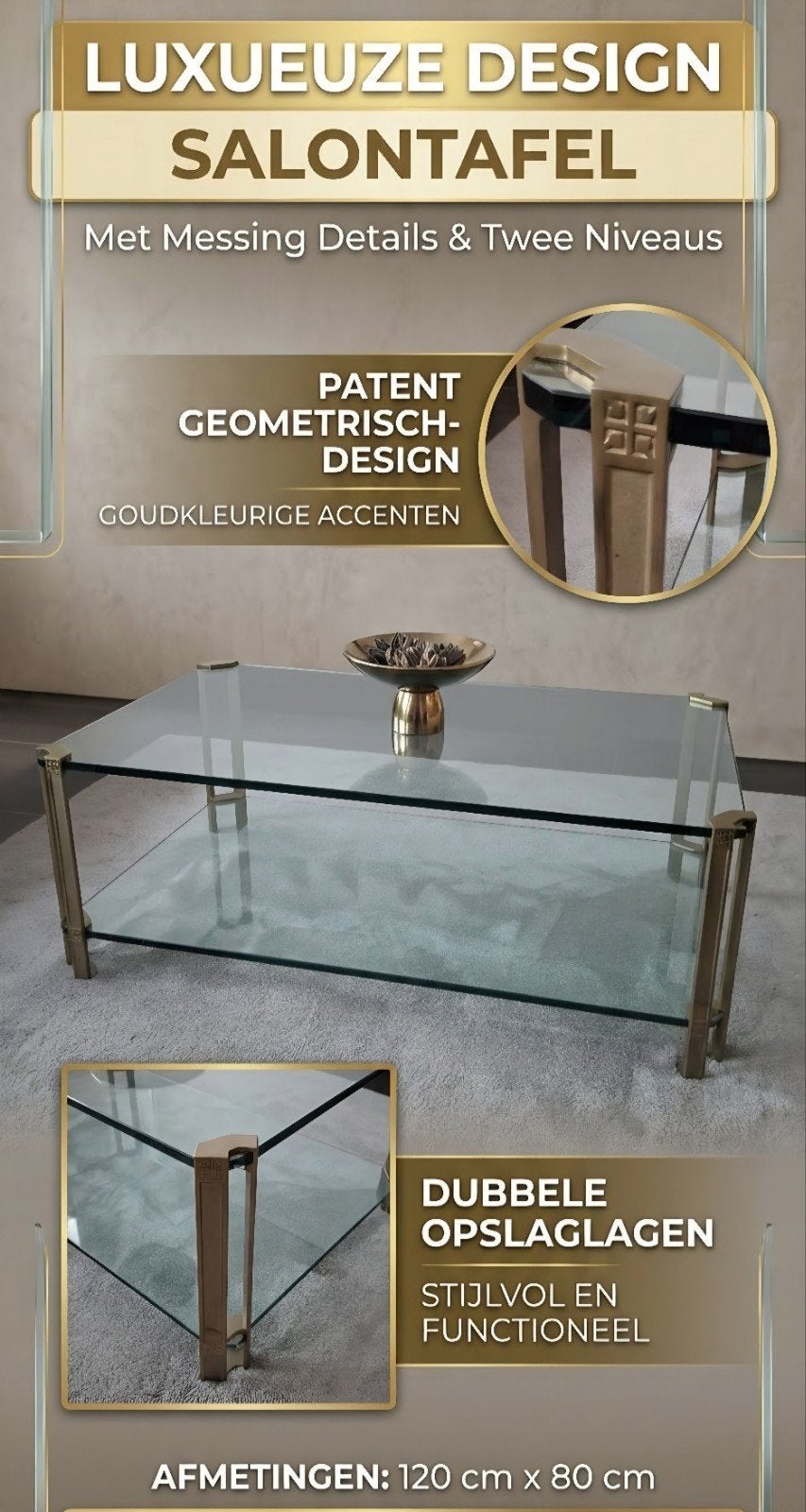 Messing Salontafel 120 x 80, Ophalen, Glas