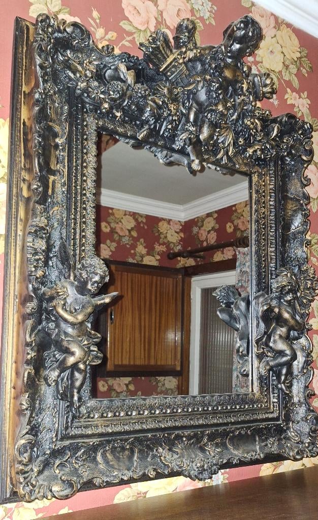 Brocante engelenspiegel + bijhorend wandlampje, Antiek en Kunst, Ophalen