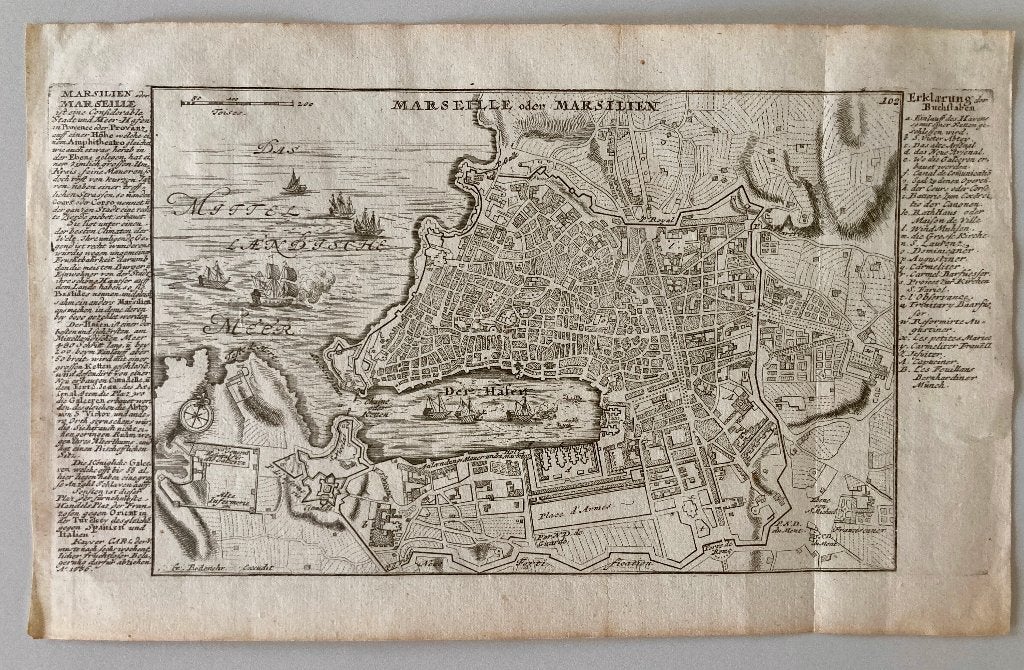 Gravure Marseille ca1750 Bodenehr (Europens Pracht), Antiek en Kunst, 320 cm, Cartografie, Ophalen of Verzenden, Gravure