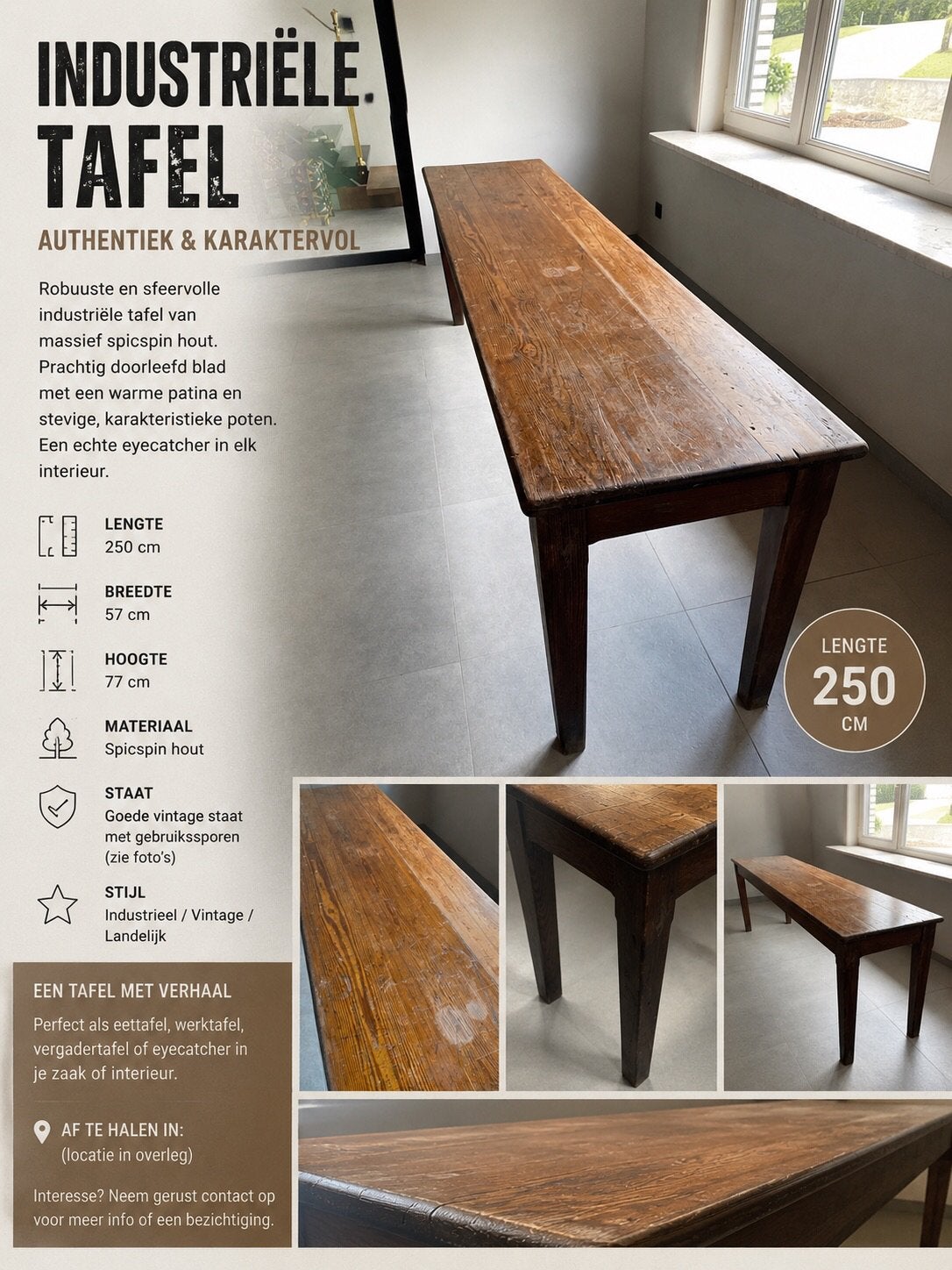 Industriële tafel, Huis en Inrichting, Ophalen, Overige materialen, Gebruikt, 200 cm of meer