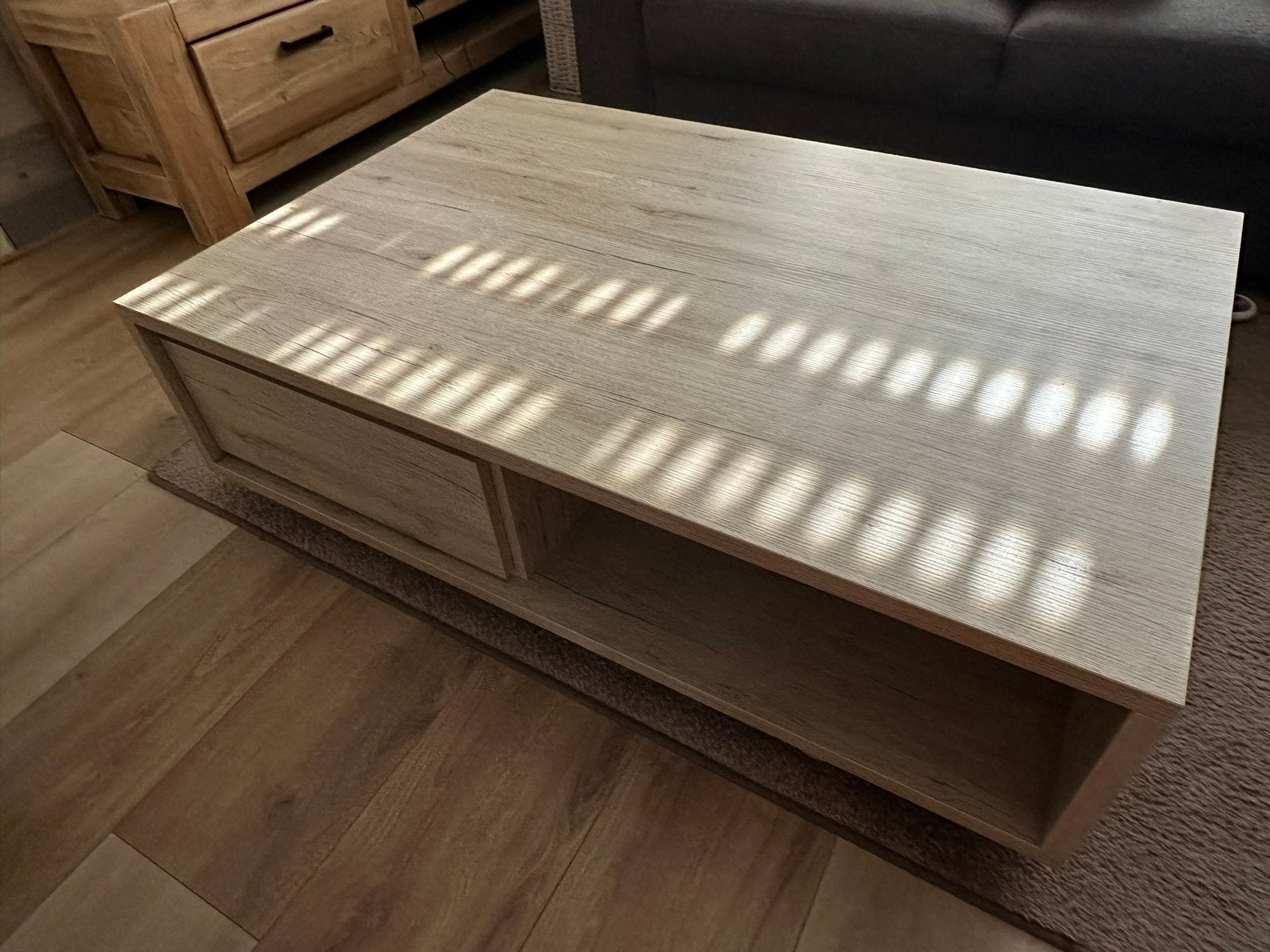 Mooie degelijke houten salontafel met opbergruimte + 2 lades, Ophalen, 100 tot 150 cm, 50 tot 100 cm, Zo goed als nieuw