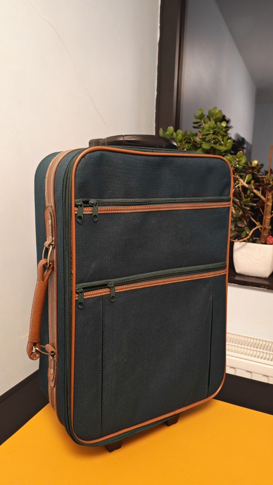 Vintage retro reiskoffer – donkergroen met bruine details, Ophalen, Zo goed als nieuw, Leer, Uitschuifbare handgreep