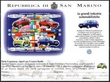 Saint-Marin 1997 bloc-feuillet Voitures – Volkswagen, Michel, Envoi, Non oblitéré, Voitures