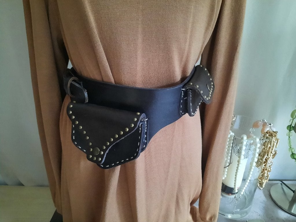 Lederen ceintuur met 2 zakjes, Kleding | Dames, Bruin, Echt leder, 90 tot 100 cm, Tailleriem