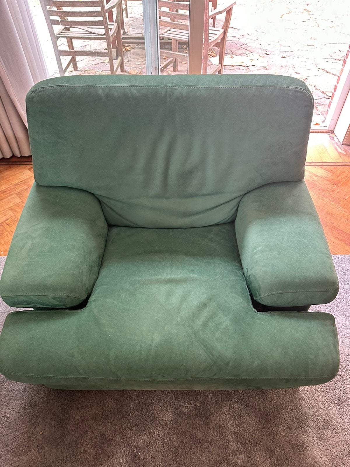 Salon groene nubuck 3-zit,  1 zit, Ophalen, Gebruikt, Overige maten, Rechte bank