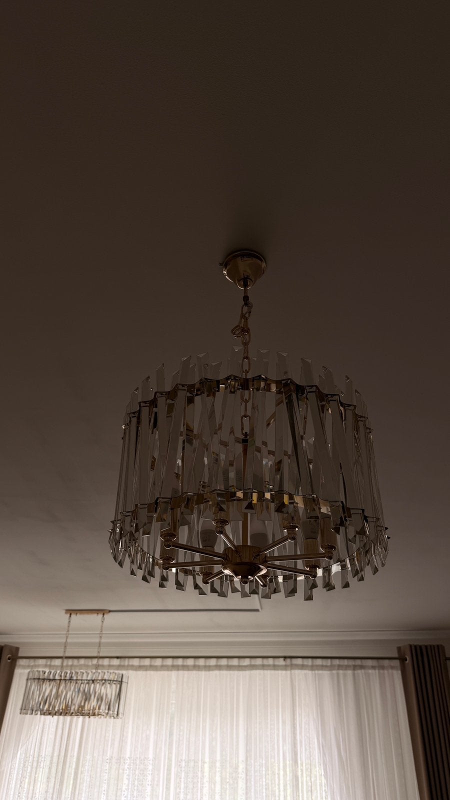 Kristallen plafondlamp in goudkleur, Ophalen, Zo goed als nieuw, Glas