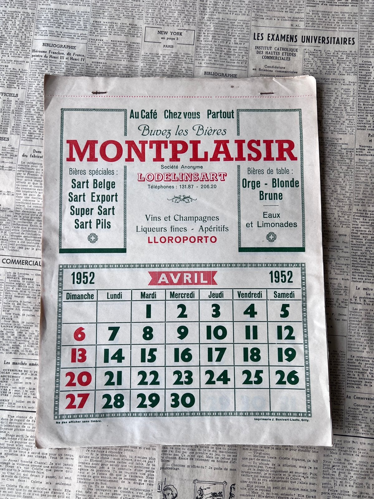 Ancien calendrier Brasserie Montplaisir Lodelinsart, Enlèvement ou Envoi