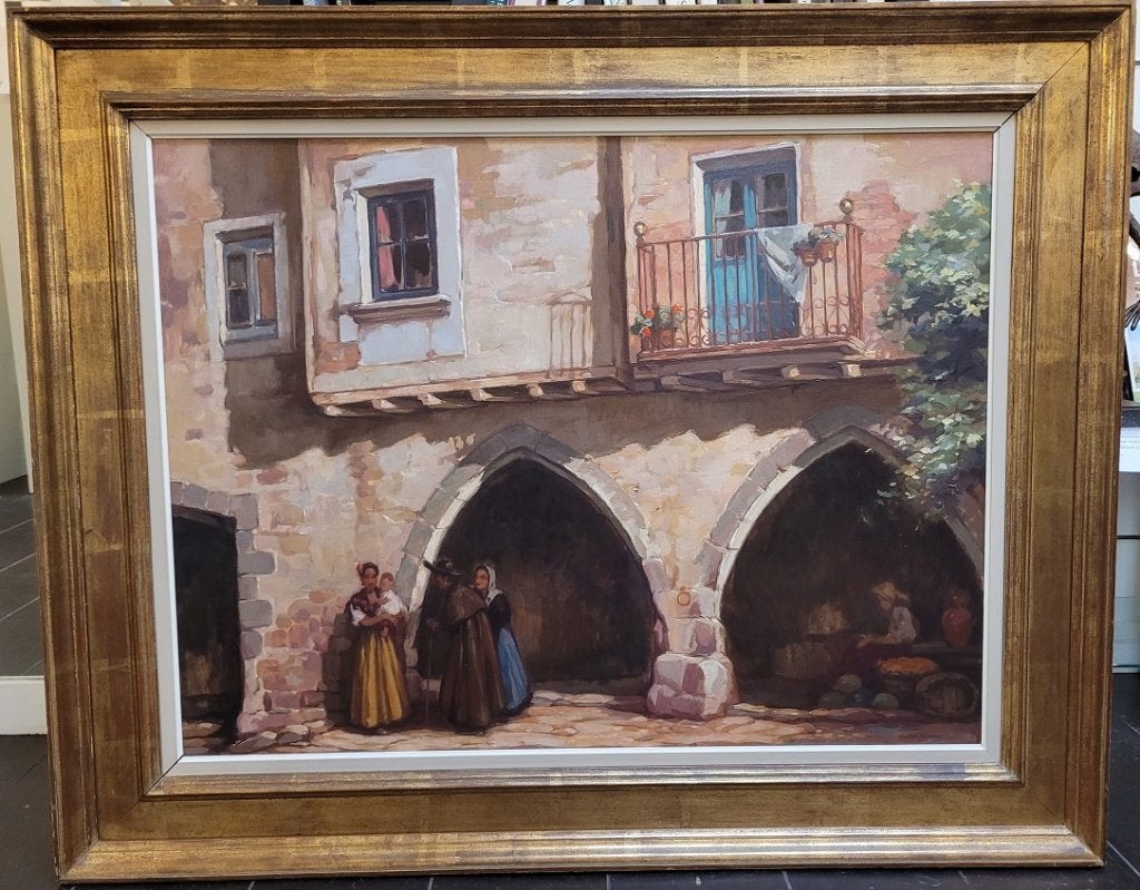 Charles BISSCHOPS, stadsgezicht in Gerona, Antiquités & Art, Art | Peinture | Classique, Enlèvement, Paysage urbain / rural, Toile