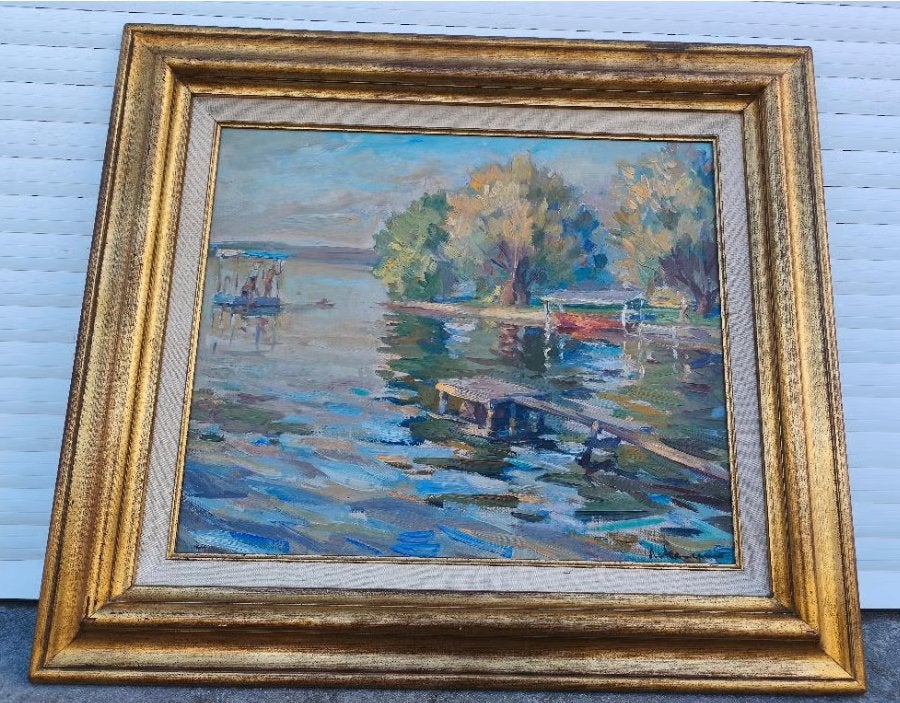 huile sur toile lake delton signe albert chavepeyer, Antiquités & Art, Enlèvement ou Envoi, Impressionniste, Toile