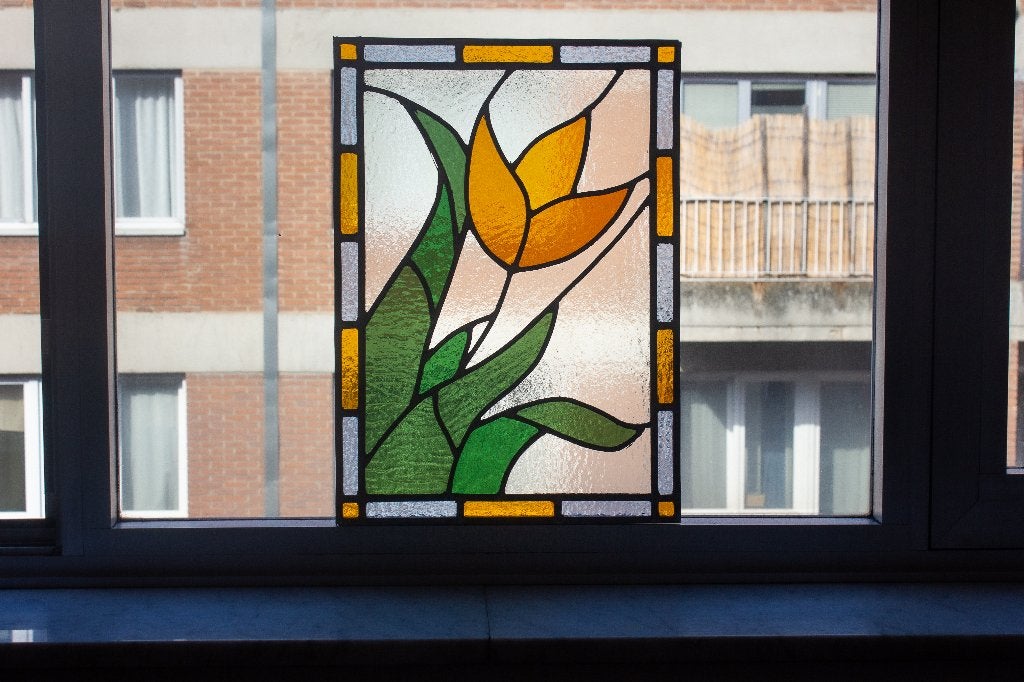 Vitrail artisanal style art nouveau - Fleur, Orange, Verre, Objet, Fait main