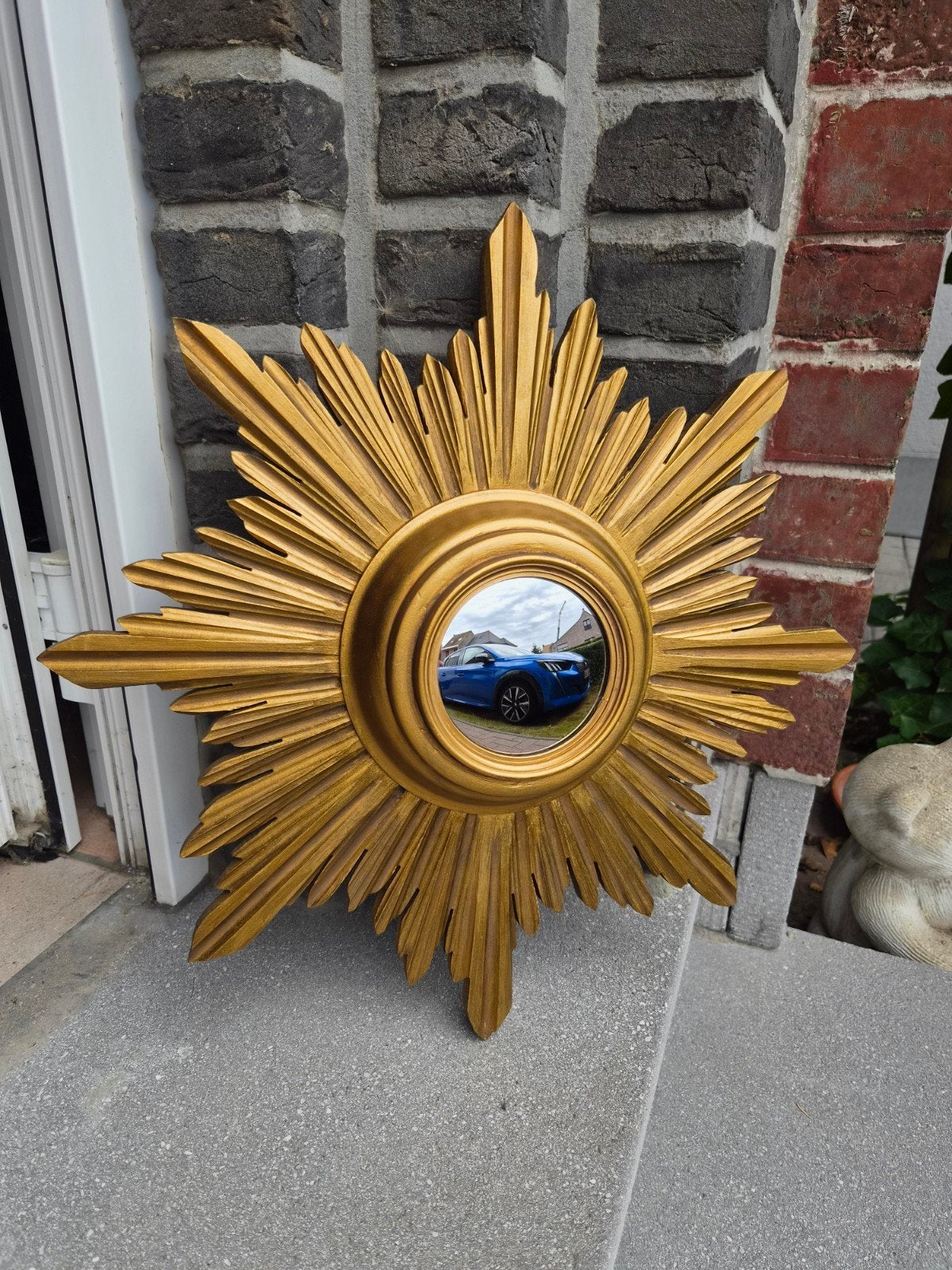 Miroir solaire en bois de 43 cm, miroir convexe., Enlèvement ou Envoi, Moins de 100 cm, Rond, Utilisé